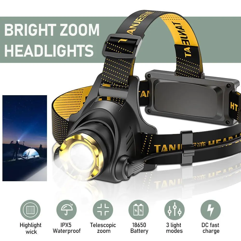 Cordless Portable Headlamp - Rechargeable LED Flashlight, 3 Modes, Zoomable Focus, Waterproof ABS Construction, USB & Car Chargers, Black & Yellow, for Outdoor Camping, Emergency Backup, Car Accessories, Head-Mounted Design, Cars Accessories