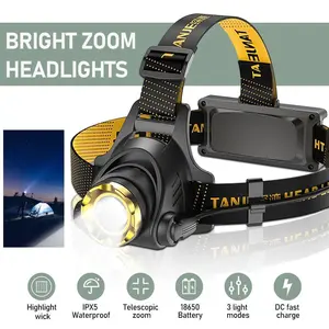 Headlamp Flashlight Rechargeable LED Headlamp 3 Modes Zoomable with Waterproof ABS, USB Charger & Car Charger, Black & Yellow