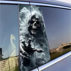 2-piece set of ghost skeleton vinyl car stickers, easy to stick and tear glossy surface, rectangular B-pillar protective sticker, Decal for cars
