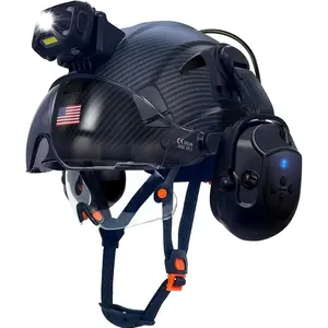 Hard Hat with Bluetooth Earmuffs & Headlamp, Vented Safety Cap with Dual Visor, Adjustable Construction Forestry Headgear with Hearing Protection