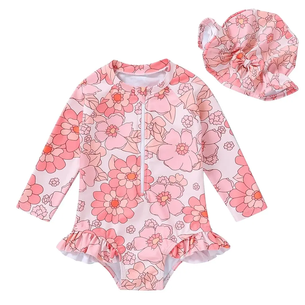 SummerVibes Baby girl swimsuit, cute baby print long-sleeved zipper swimsuit, summer beach sunscreen swimsuit