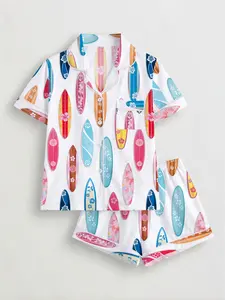Women's Surfboard Print Pyjama Set, Short Sleeve Button-Up Top & Elastic Shorts, Casual All-Season Sleepwear for Home & Party, Loungewear Pajamas, Homewear
