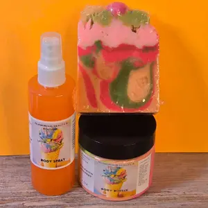 Rainbow Sherbet Bath & Body Gift Set. Handmade  All Natural Skincare Bundle. Whipped Body Butter, Moisturizing Body Mist & Cold Process Soap Bar Bundle