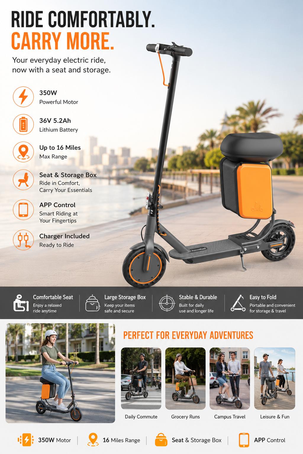 350W DSS Certified Electric Scooter with Seat, Storage Box, 36V 5.2Ah Battery – Portable Commuter Scooter, 19MPH Top Speed, 20-mi Range, 3 Speed Modes, Dual Brakes, Smart APP Control for City Commuting, Campus Rides