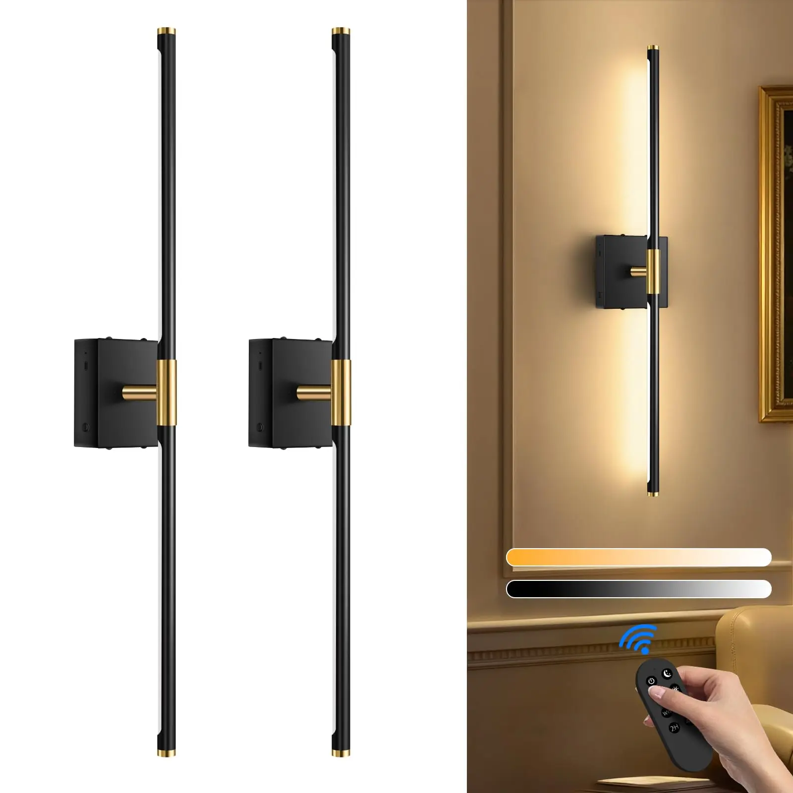 Guwikou Wireless Sconces Set of 2 Battery Operated,10000mAh USB Rechargeable Wall Light with Remote Control,3000K-6000K LED Dimmable Wall Lamp for Living Room, Hallway, Bedroom (Black+Gold)