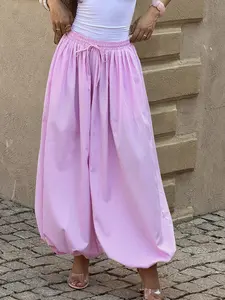 Pink Gingham Balloon Pants Women High Waist Drawstring Wide Leg Pants Elastic Waist Plaid Loose Trousers Vintage Cottagecore Summer Vacation Casual Baggy Pants Boho Streetwear Fashion Flowy Palazzo Pants For Women