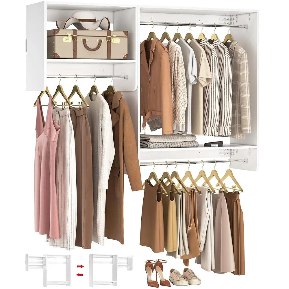 36” - 60” Closet System, 5FT Walk in Closets Organizer Starter Kits with 3 Hanging Rod and 2 Shelves, Heavy Duty Reversible Wood Clothing Rack, Cut Be Cut to Fit, Max Load 800 LBS, White