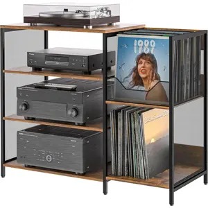 Large record player stand, can hold up to 150 vinyl records, AV media stand with stereo cabinet, features storage function, sturdy and durable, adjustable foot pads, vintage style, large capacity