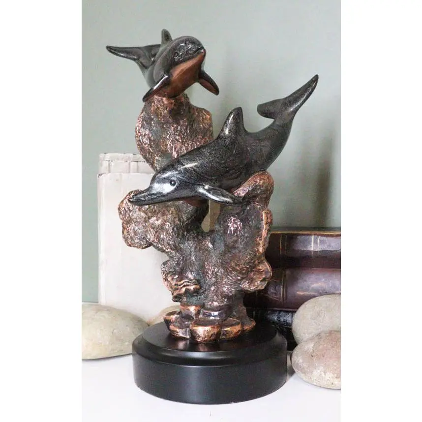 Electroplated Bronze Marine 2 Black Dolphins Swimming by Coral Reef Figurine - Polyresin Home Decor Sculpture Statue with 360-Degree Finish, Polished Metal, 4.25 Pounds