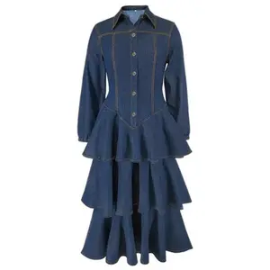 Women's Ruffle Long Sleeve Party Denim Dress with Button Front and Flared Layers