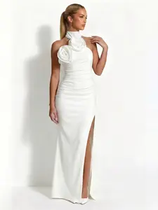 LikeMyChoice 2026 Modern 3D Rose Halter Maxi Dress Sexy Side Slit Satin Evening Gown with 3D Floral Appliques for Formal Events & Cocktail Parties