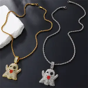 MaxBling81 Iced Ghost Funk Cubic Zirconia Pendant Rope Chain Necklace - Gold/Silver Plated, Unisex Iced Out Jewelry, 18-20-24in Drip Link Chain, Celebrity-Inspired Graphic Crazy Style Hip Hop Daily Accessory, Drip Necklaces