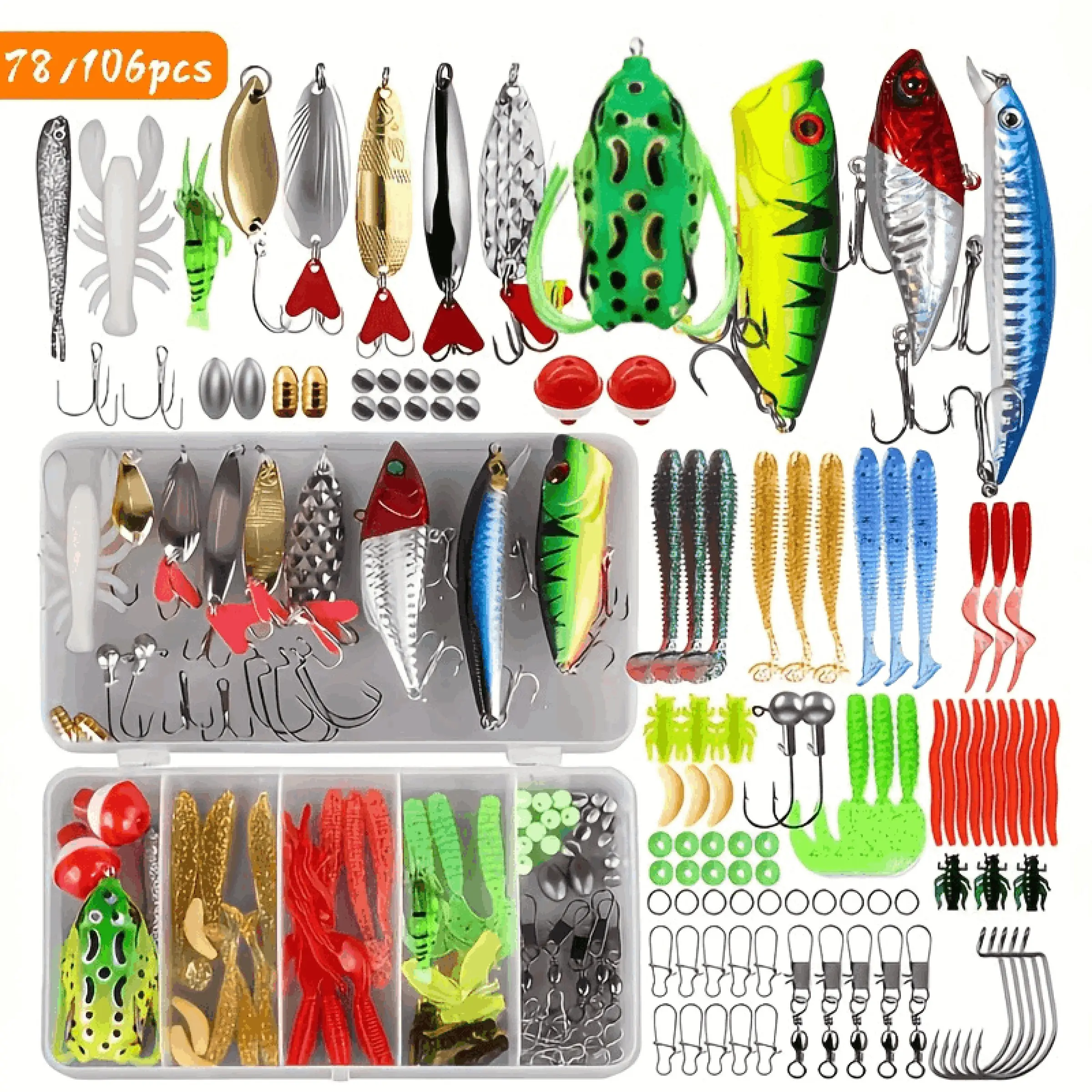 Takami Fishing Gear Set, Fishing Tackle Kit, Fishing Kits, Fishing Supplies, 78/106 Pieces, Includes Screws, Dual Color Tails, Heart Shell Glitter, 3.5g Lead Head Hooks, Crab Shrimp Sinkers, Fishing Gear And Equipment