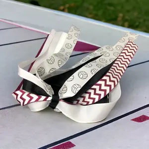 Volleyball Glitter Hair Bow for Girls Ponytail, Burgundy Chevron and Black