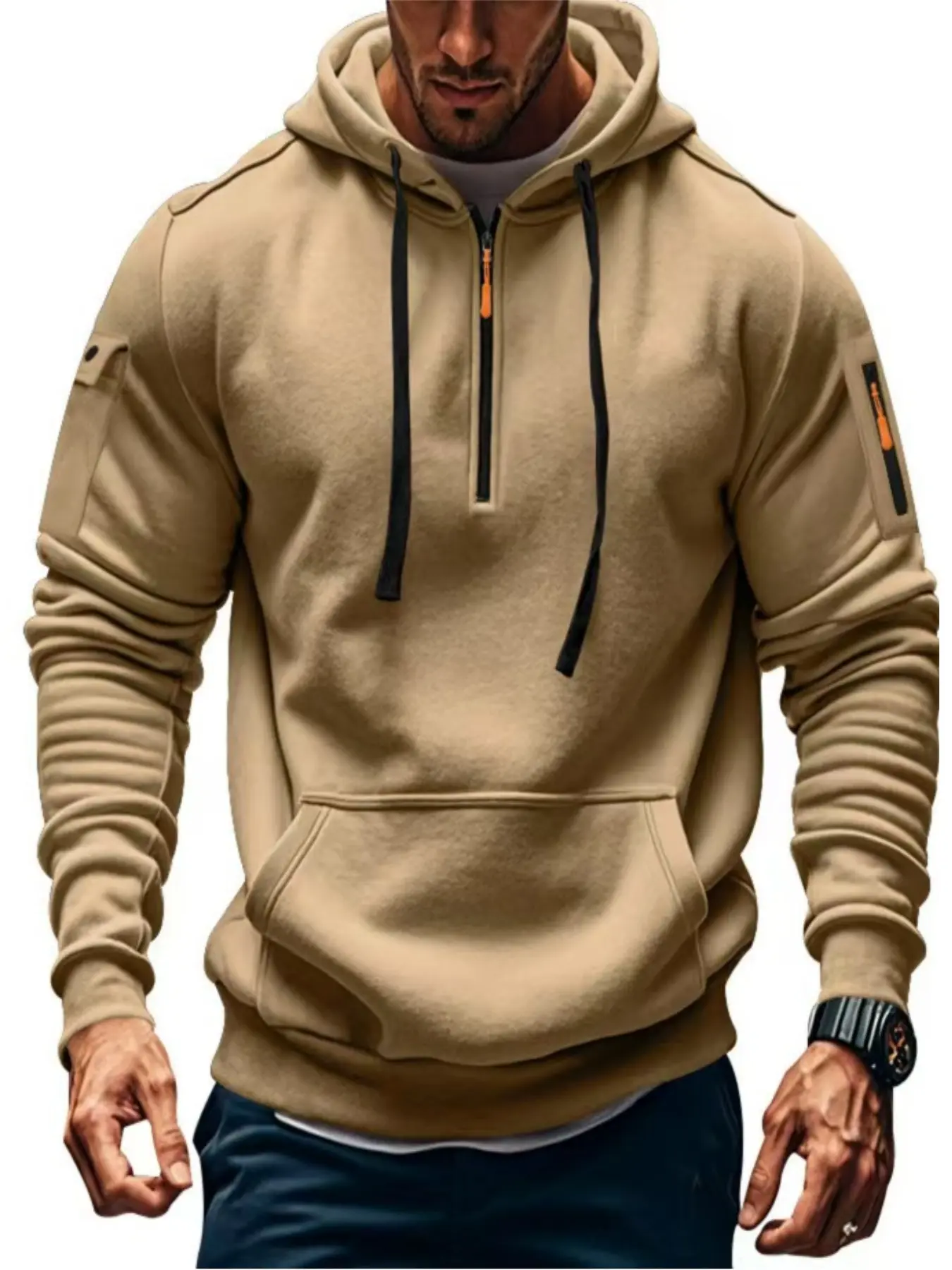 Men's Fleece Lined Half-Zip Hoodie, Sweatshirts, Waterproof Windproof Warm Elastic Casual Long Sleeve Pullover for Fall & Winter. Men's  fall clothes daily  Long sleeves hoodie