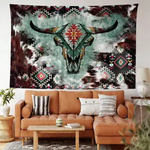[Digitally Printed Tapestry] Bohemian Geometric Bull Skull Tapestry, Modern Wall Hanging, Vibrant Tribal Art Wall Tapestry, Unique Animal Head Wall Hanging, Durable Decorative Backdrop, Easy-to-Hang Artistic Tapestry for Trendy Interior Styling.