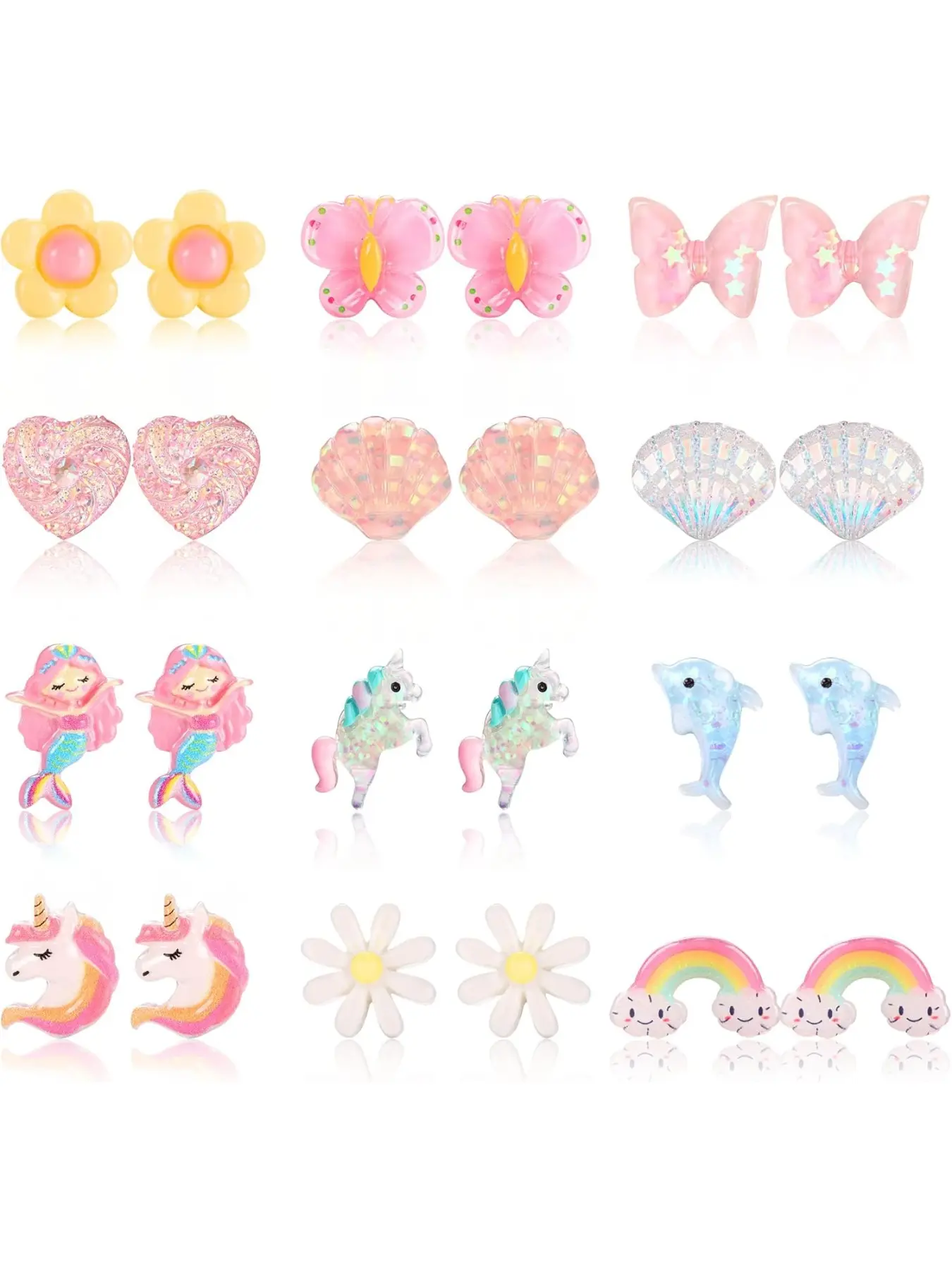12 Pairs Kids Clip On Earrings for Girls Bling Butterfly Dolphins Rainbow Flower Heart Earring No Pierced Girls Earrings Dress Up Earring Stacking Set Jewelry Set for Kids Cute Jewelry
