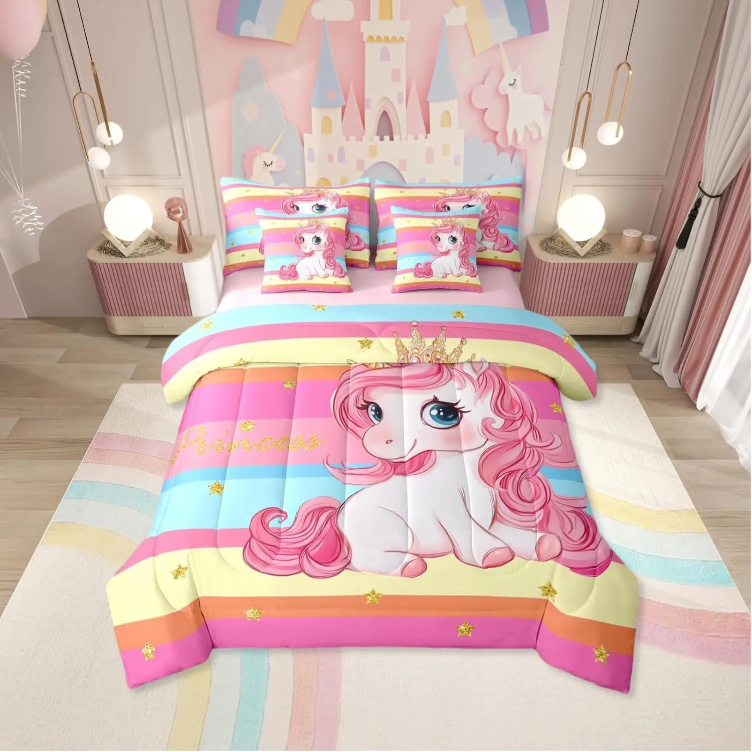 7 Piece Pink Unicorn Bed in A Bag Comforter Set for | Princess Rainbow Unicorn Bedding Set Cute Stars Striped Sheet Setsy Cartoon Horse Quilt Fantasy Room Decor