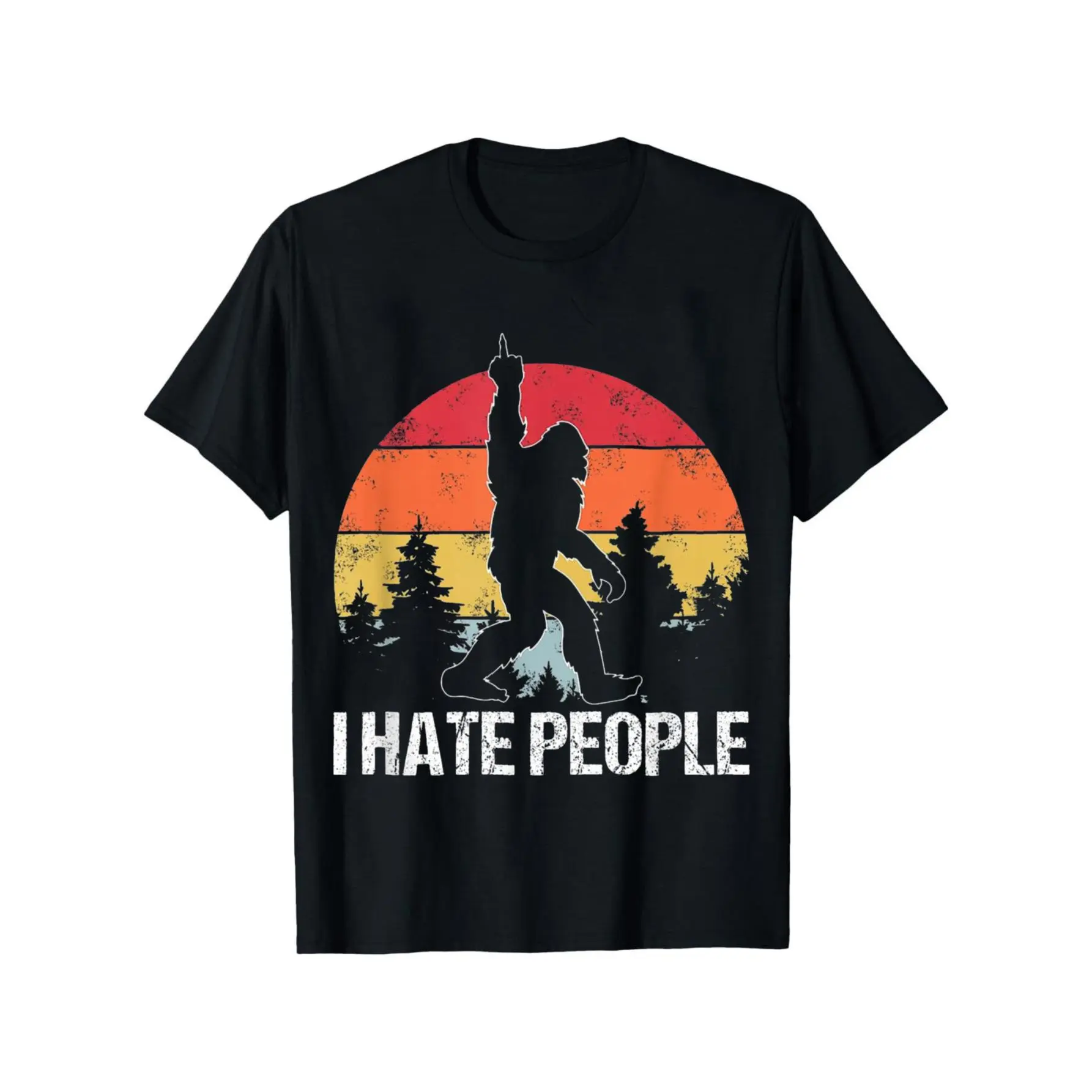Men's Retro Funny Bigfoot Sasquatch T-Shirt - I Hate People Middle Finger Graphic
