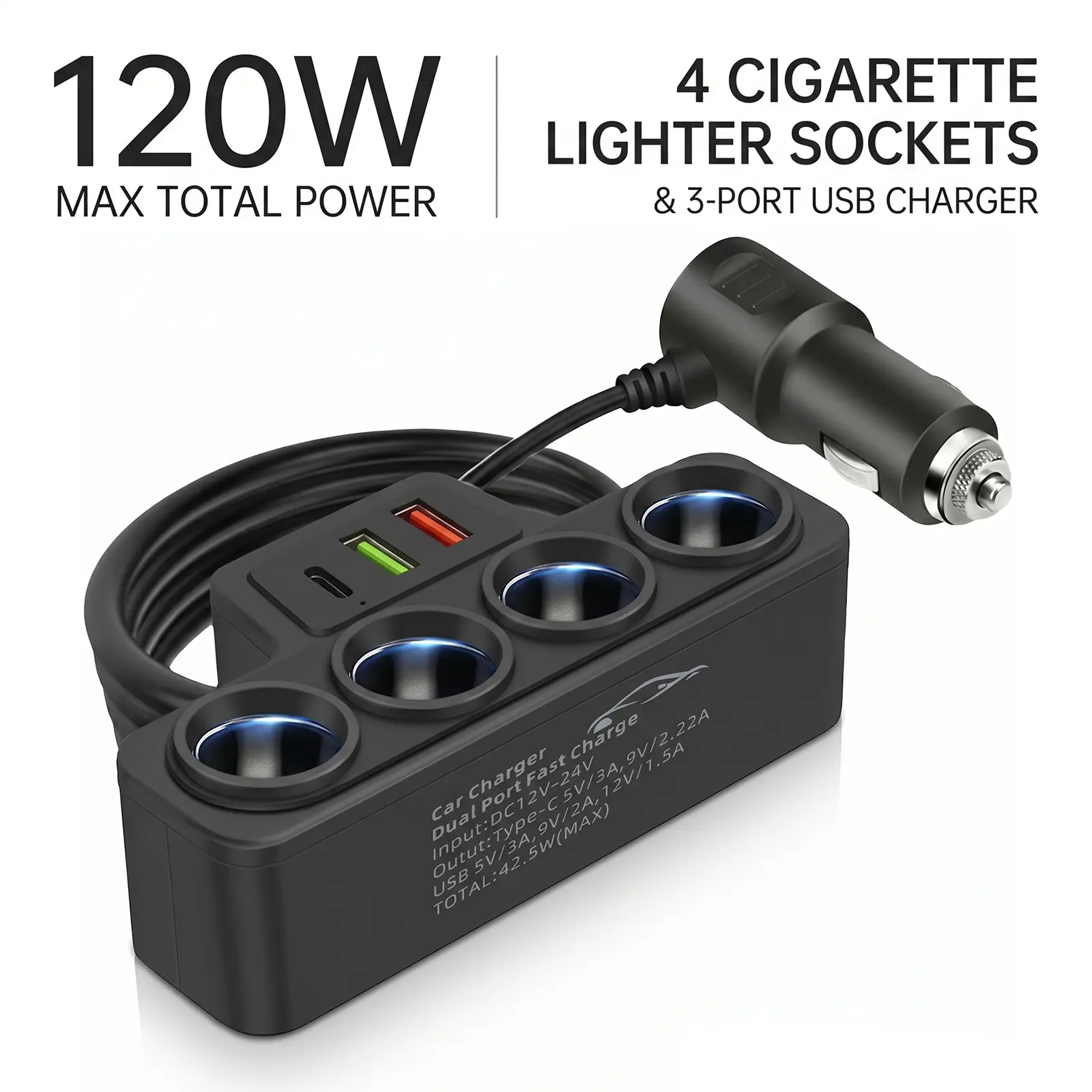 Multi-Function Cigarette Lighter Splitter, Cell Phone Car Charger, 4 Cigarette Lighter Sockets, 1 PD Fast Charger Port 2-Port USB Power Adapter for  Carplay & GPS Electronic Accessories Cell Phones Adapter