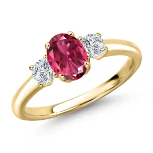 Gem Stone King 10K Yellow Gold Pink Tourmaline and Lab Grown Diamond 3-Stone Engagement Ring For Women | 1.19 Cttw | Oval 7X5MM | Three Stone Wedding Engagement Anniversary Ring For Women