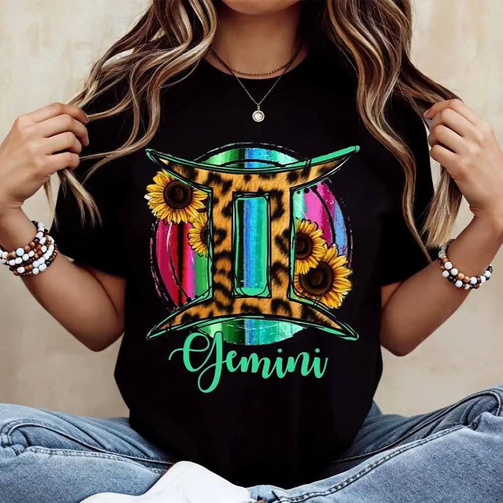 Gemini Zodiac Sign With Sunflowers And Leopard Print T Shirt  Casual Loose Fit For Everyday Wear And Outdoor Activities