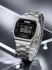 Skmei Retro Square Digital Wristwatch, Elegant Electronic Timepiece, Stainless Steel Strap, Multi-Functional, Perfect for Casual & Commute