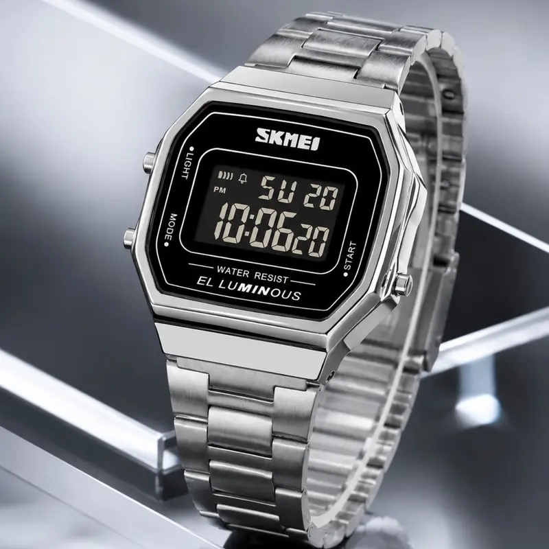 Skmei Retro Square Digital Wristwatch, Elegant Electronic Timepiece, Stainless Steel Strap, Multi-Functional, Perfect for Casual & Commute, Fashion Square Watch, Fashion Wristwatches