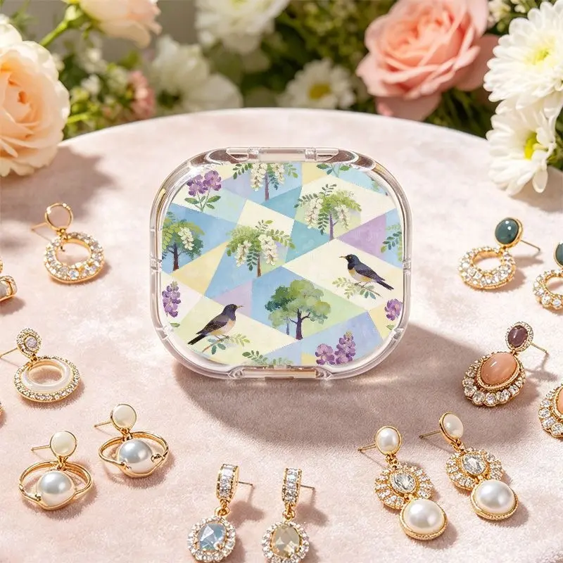 Sparrow Whisper Flower Forest Portable Double-Layer Earring Storage Box, New Multi-Grid Anti-Oxidation Ear Stud Jewelry Box, Light Luxury Mini Portable Small Jewelry Organizer