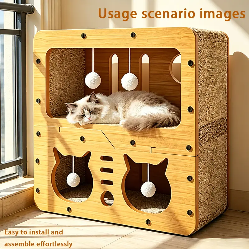【Already have 10K favorites】 2 in 1 Cat  Stock Up Deals Bed with Scratching Board Pet Furniture for Indoor Cats Suitable for multiple cats Durable Double Layer Design Cat Bed Stylish and Comfortable Cat Furniture for All Seasons Wooden cat bed