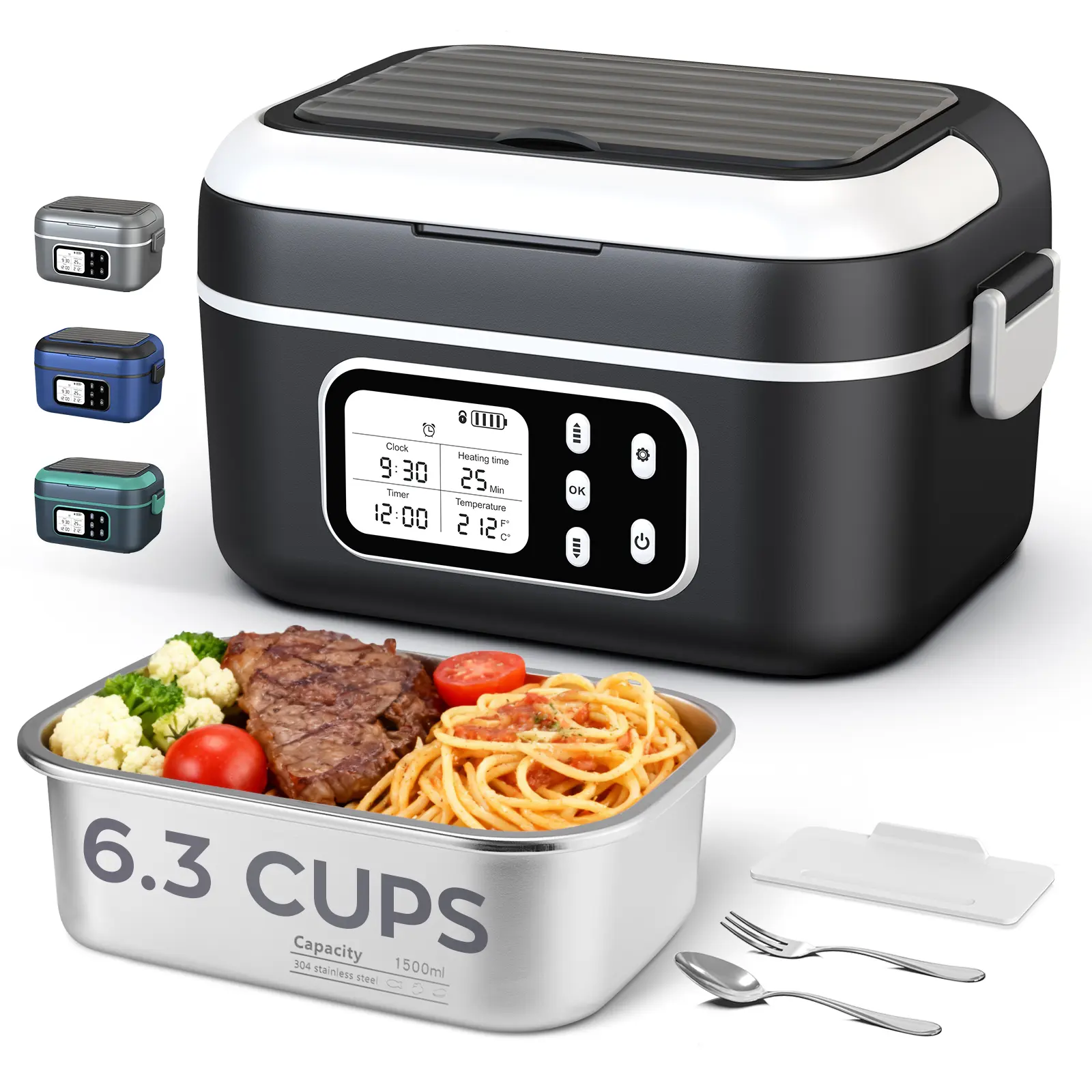 summerwins Cordless Heated Lunch Box, 1.5L (6.3Cups) Leakproof Insulated Lunchbox Cooler, 27000mAh Battery-Powered Food Warmer, Stainless Steel Container, Digital Display & Timer, Multi-Color, BPA-Free Non-Toxic On-the-Go Lunch Boxes for Office/Car,summer