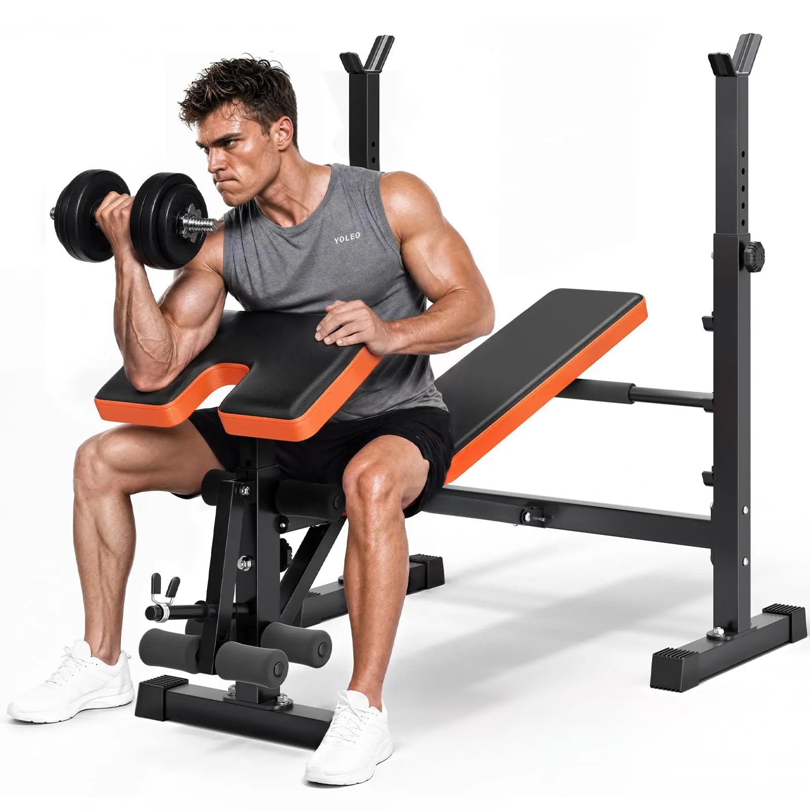 YOLEO 6 in 1 Weight Bench Set for Home Gym, Adjustable & Foldable Weight Bench, Workout Bench with Squat Rack for Bench Press Sit up Incline Flat Decline