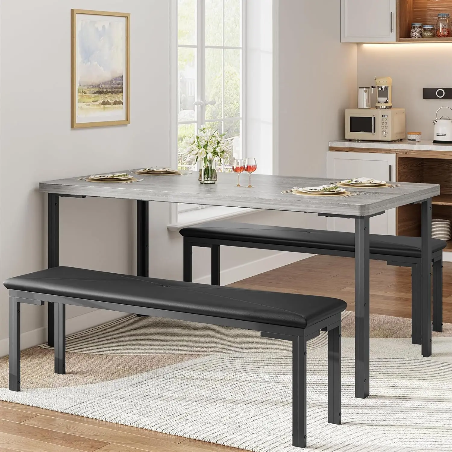 Dining Table Set for 4, Kitchen Table with 2 Upholstered Benches, 3-Piece Kitchen Table Chairs Set of 4, Rectangular Dining Room Dinette Sets for Breakfast Nook, Small Space, Grey Apartment Furniture
