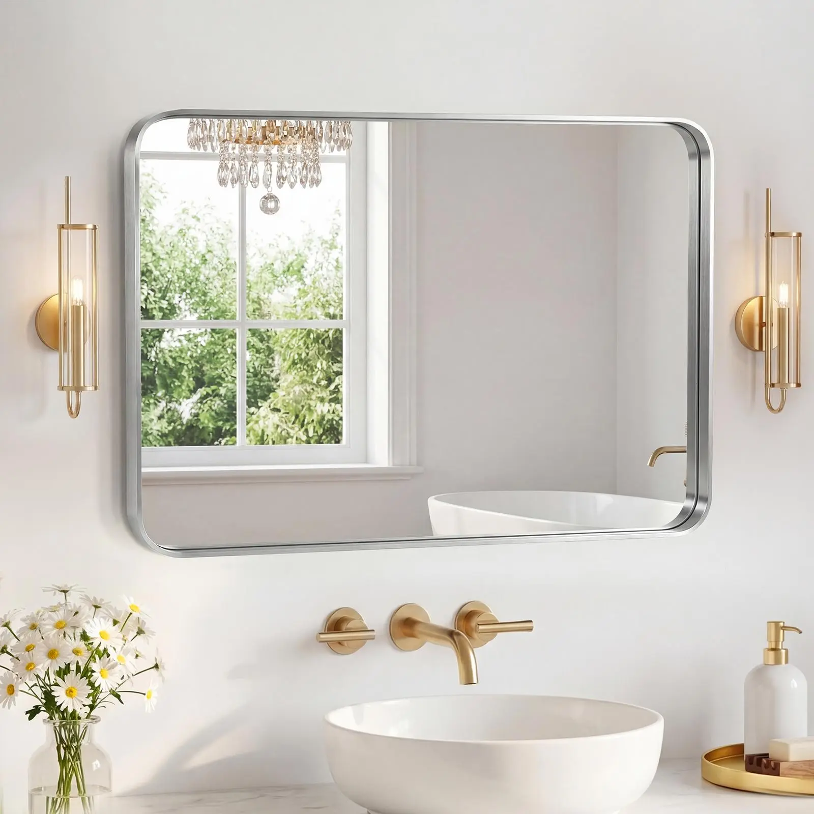 Metal Frame Rounded Rectangle Wall Mirror, 16"x20" to 24"x32", HD Shatter-Proof Tempered Glass, Horizontal & Vertical Hanging for Bathroom, Living Room, Farmhouse, Matte Black/Gold/Silver