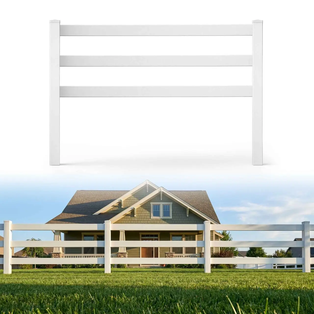 Fencer Wire 3-Rail Vinyl Ranch Fence Kit, 4ft H x 48ft W, White PVC Fence System with 6ft Posts & 8ft Rails, UV-Resistant, Easy Installation, Durable Outdoor Fencing for Ranch, Yard & Farm