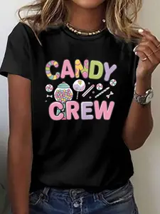 Women'S Casual T-Shirt with a Candy Style Design, Featuring Geometric Patterns, a Round Neck, Short Sleeves, And Regular Length, Suitable for All Seasons. Made from Fabric - 95% And 5%, Weighing 6.35 oz Per Square Meter