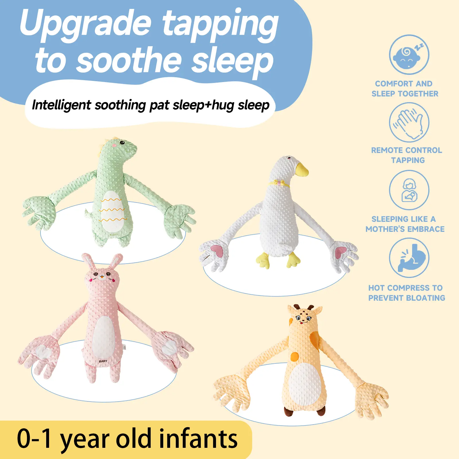 Jouet De Sommeil Bébé Avec Battements Automatiques - Oreiller Apaisant Chaud Avec Télécommande 3 Niveaux, Haricots Chauffants Et Main Douce Pour 0-3 Ans