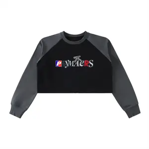 Women's Raw-Hem, Color-Block Raglan Crop Pullover Sweatshirt