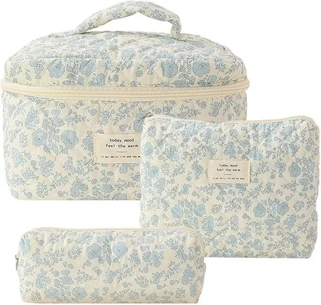 3-Pack Makeup Bag Set, Quilted Makeup Bag Set, Large Floral Cosmetic Bag for Women, Cute Cotton Makeup Bags, Flower Travel Toiletry Organizer Bag casual outing green multifunctional lunch bags Insulated Dual Compartment Lunch Bag cooler bag makeup bag set