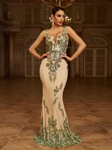 MISSORD Sleeveless Mermaid Sequin Gown evening maxi Dress   Fit Formal Prom Dresses Apricot Floral Slim Fit High Waist Elegant Cami red carpet pram v neck