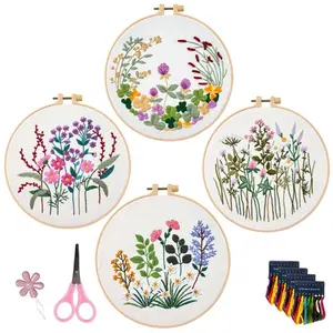 4 Set Embroidery Kit for Beginners Adults,Cross Stitch Set for Beginner Easy to Learn Stitches from Instruction Needlepoint Kit,Floral Stamped Embroidery Pattern,Christmas Party Gifts,DIY Hand Tools Kits