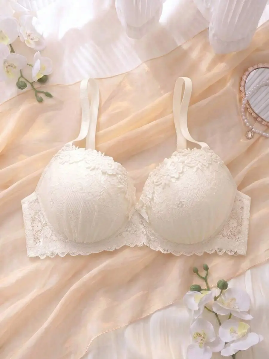 DelicateAllure High Support Push Up Balconette Bra With Underwire, Lace & Mesh Trim, Comfortable & Elegant, Plus Size