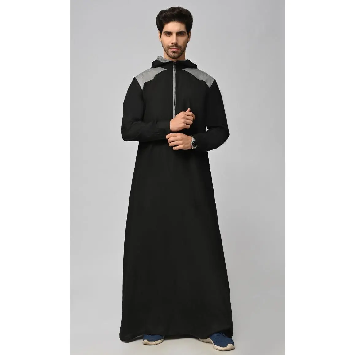 Buy Mens Islamic Sporty Thobe/Jubba With Pockets And Hood-Black - Final Sale