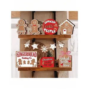 12pcs Christmas Tiered Tray Decor - Wooden Display Of Gingerbread Men, Snowmen And Santa Claus Figures, Home, Shelf, Tabletop Decoration, Party Favors, Christmas & Winter Holiday Decor