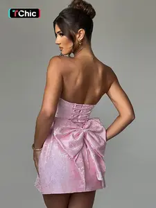 Women's Plain Big Bow Decor Lace Up Tube Dress, Elegant Strapless A Line Short Dress for Party Club Dating Wear, Ladies Summer Clothes, Coquette Dress