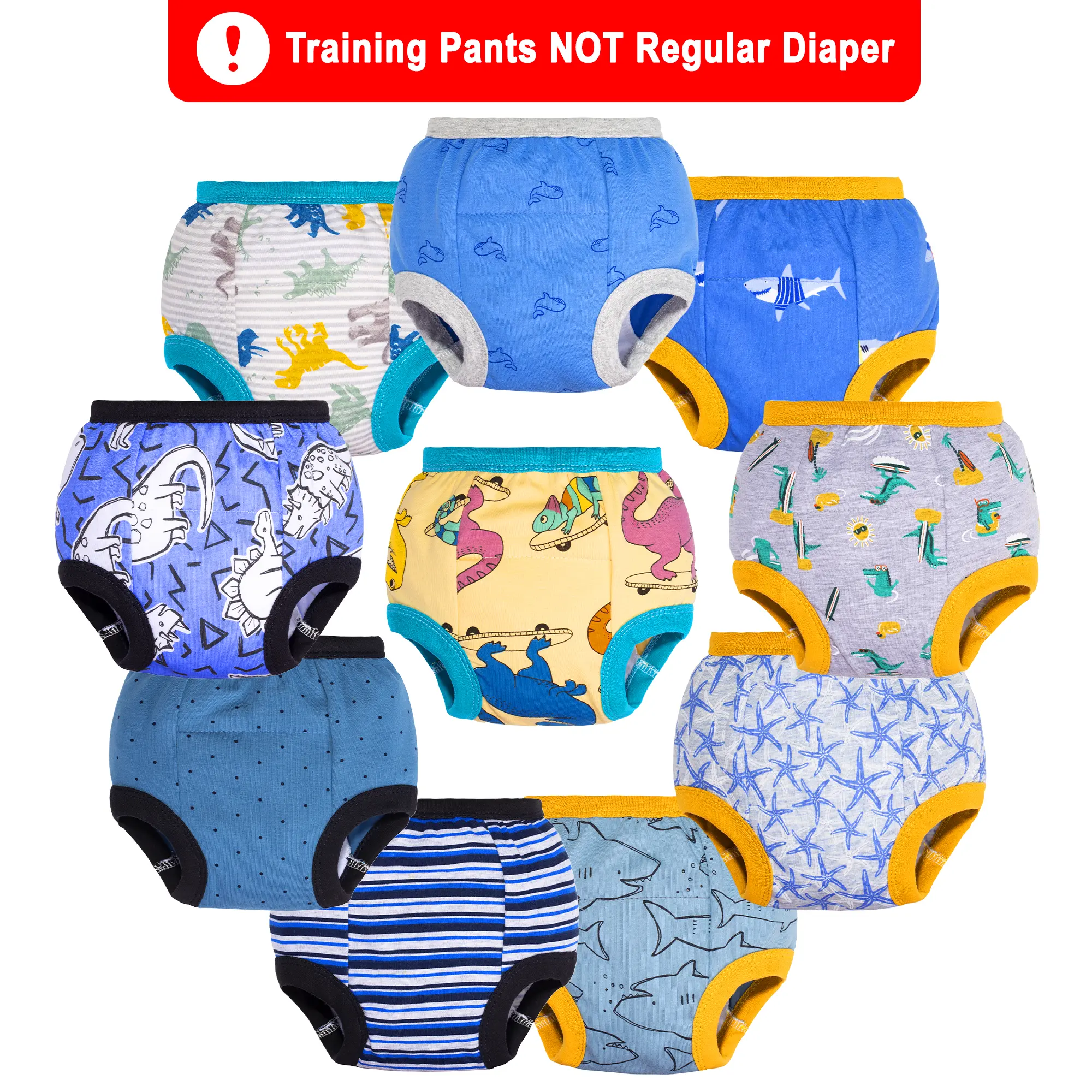Kids' Reusable 100% Cotton Potty Training Pants - Soft, Absorbent Toddler Bloomers for Boys & Girls (10PCS), Fitted, 3T, 2T, All Seasons, Soft Look, Absorbent Layer, 1T
