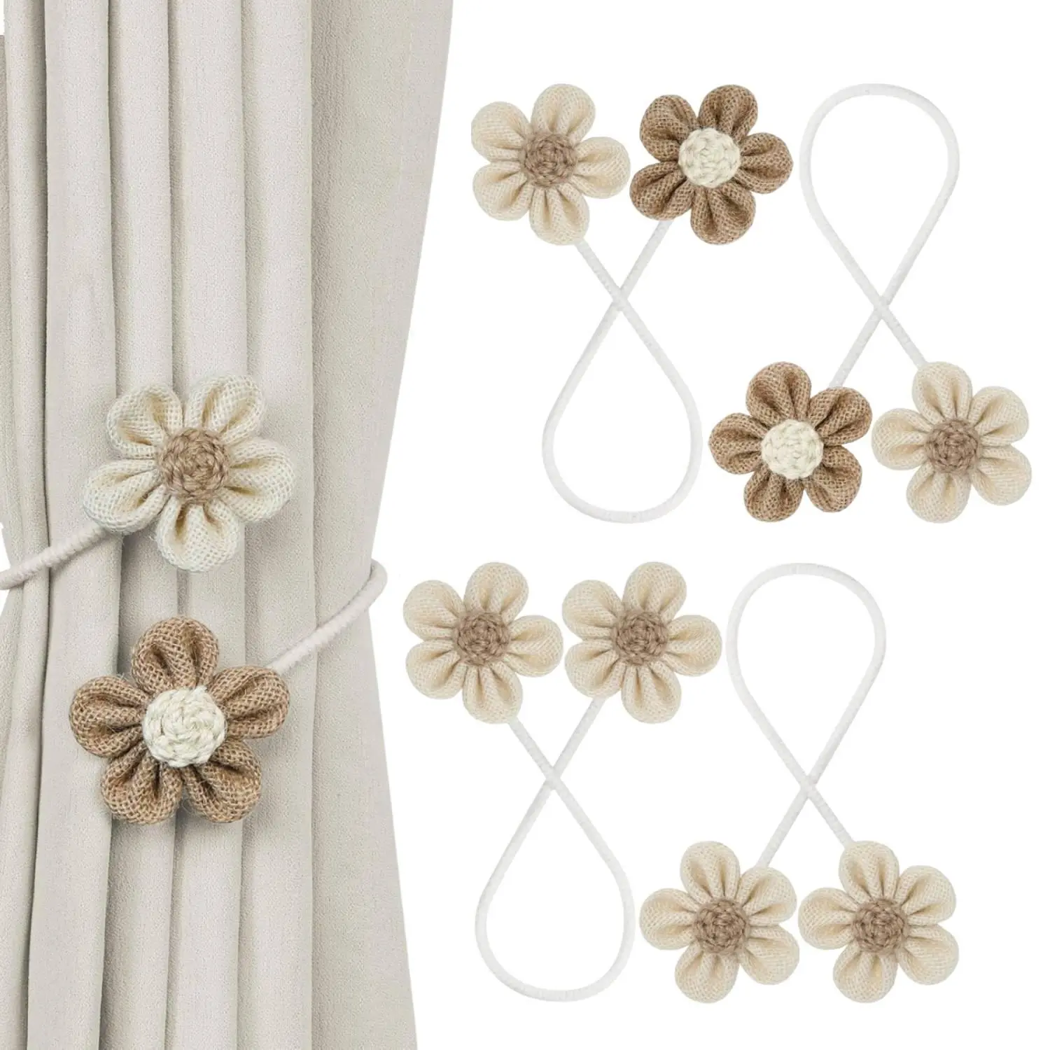 4pcs Chic Linen Boho Flower Shape Curtain Tiebacks - 18.9in Rustic Natural Cotton Durable, No Drilling, Easy to Use, Adjustable Twist Drapery Holdbacks for Living Room, Bedroom Farmhouse Kitchen Decor Accessories, Elegant, Diy Bendable Ties