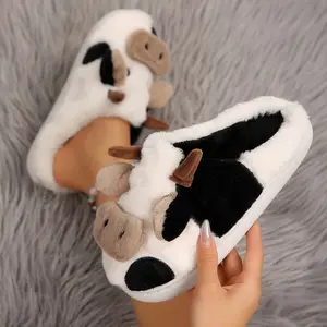 Womens Mens Cow Slippers Kawaii Animal Cartoon Cute Fuzzy Cotton Plush House Slippers Cloud Bedroom Winter House Shoes for Indoor