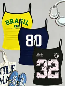 3-Pack Girls' Sporty Floral Print Camisoles, Brazilian Style, Size 80 and Size 32 Digital Printed Thin Strap Camisoles, in Yellow, Navy Blue, and Black, Suitable for Girls and Teenagers, Sleeveless Casual Vests Tops