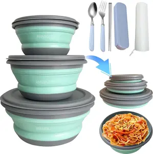 1Set Green Collapsible Camping Bowl with Lid, Silicone Salad Bowl Serving, Microwave Foldable Soup Ramen Serving for Travel, Picnic